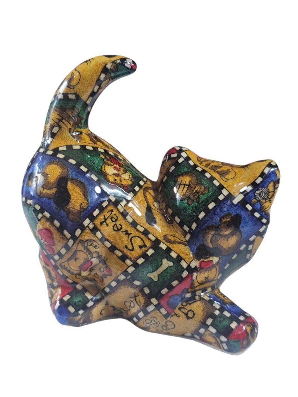 Vintage Handmade Fabric Cat Figure Folk Art Stuffed Cat Patchwork Dog Print Deco - Picture 3 of 8
